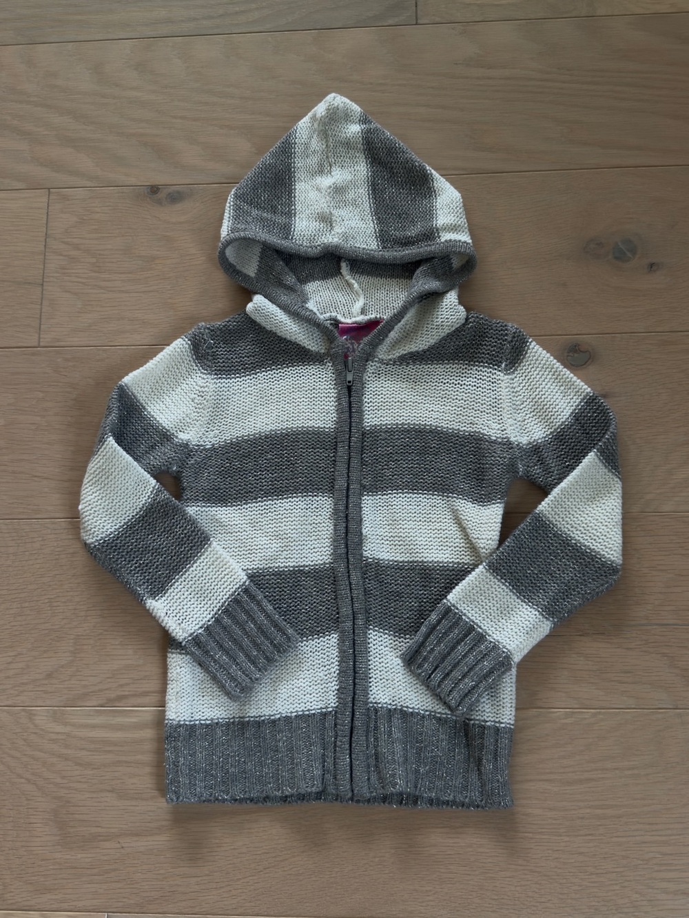 Derek Heart Girl gray and white striped zip up hooded jacket girls size 5/6